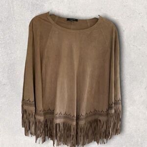 Tan LaMarque Ely Suede Poncho W/Fringe Trim, M